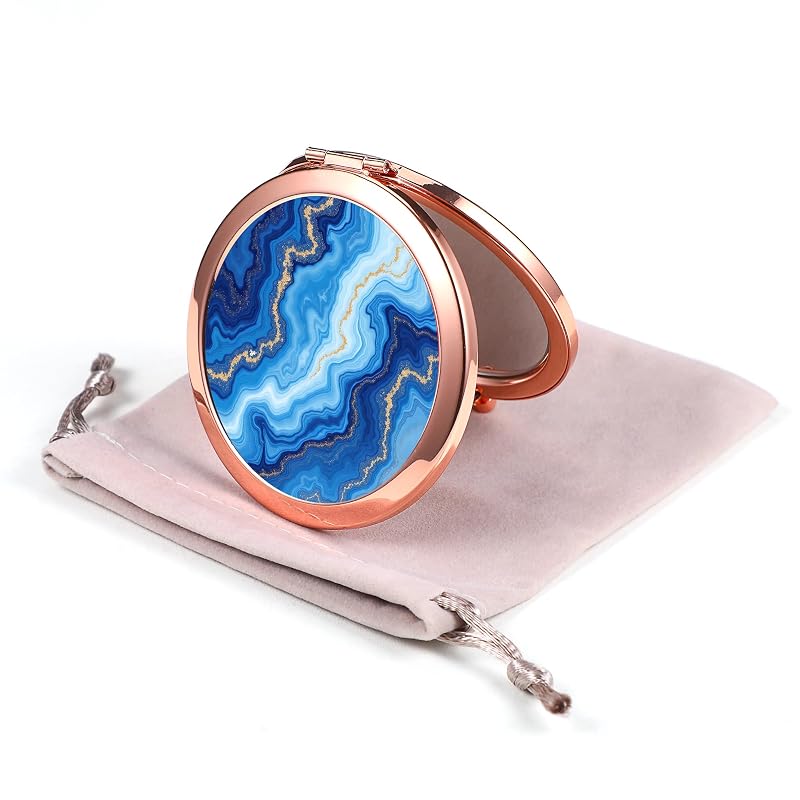 Espelho compacto Dynippy dobrável de bolso, dupla face com ampliação 2x e 1x, acabamento Rose Gold, Blue Marble Motion, com bolsa