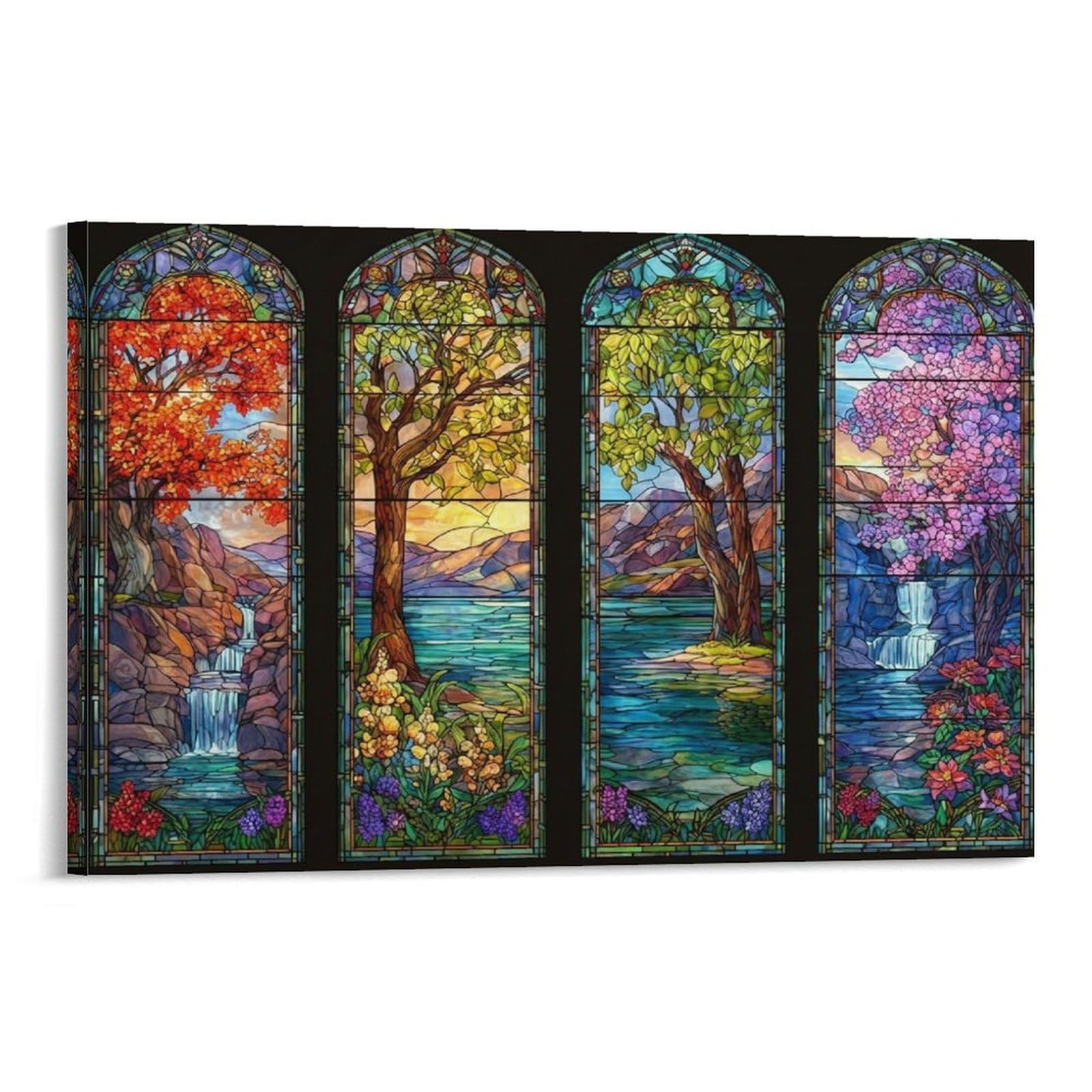 CPLVKWRQJ Stained Glass Seasons 1 Piece Four Season Tree Stained Glass Panel Art Canvas Art Decor - Bedroom Nursery Wall Hanging Space Saving Ready to Hang 16x24inch(40x60cm)