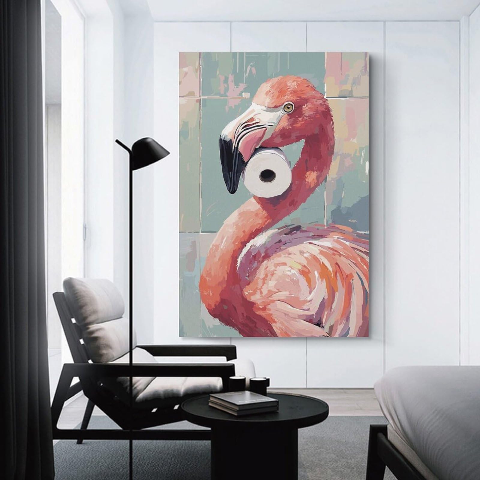 Junmoney Unframe-Style-3-1 Flamingo With Toilet Paper Roll Home Decor Wall Art, 24X36inch(60X90cm), For Apartment Walls, Studios Or Work Areas, Decorative Canvas Decor For Home Updates