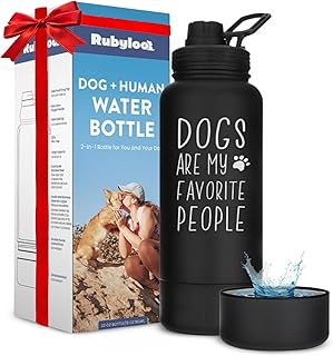 Dog Water Bottle for Dog Lovers - 32 oz Stainless Steel Double Wall Insulated Water Bottle with 8 oz Detachable Bowl on Bottom- Ideal Gift for Doggy Lovers for Christmas - “Favorite People” Black