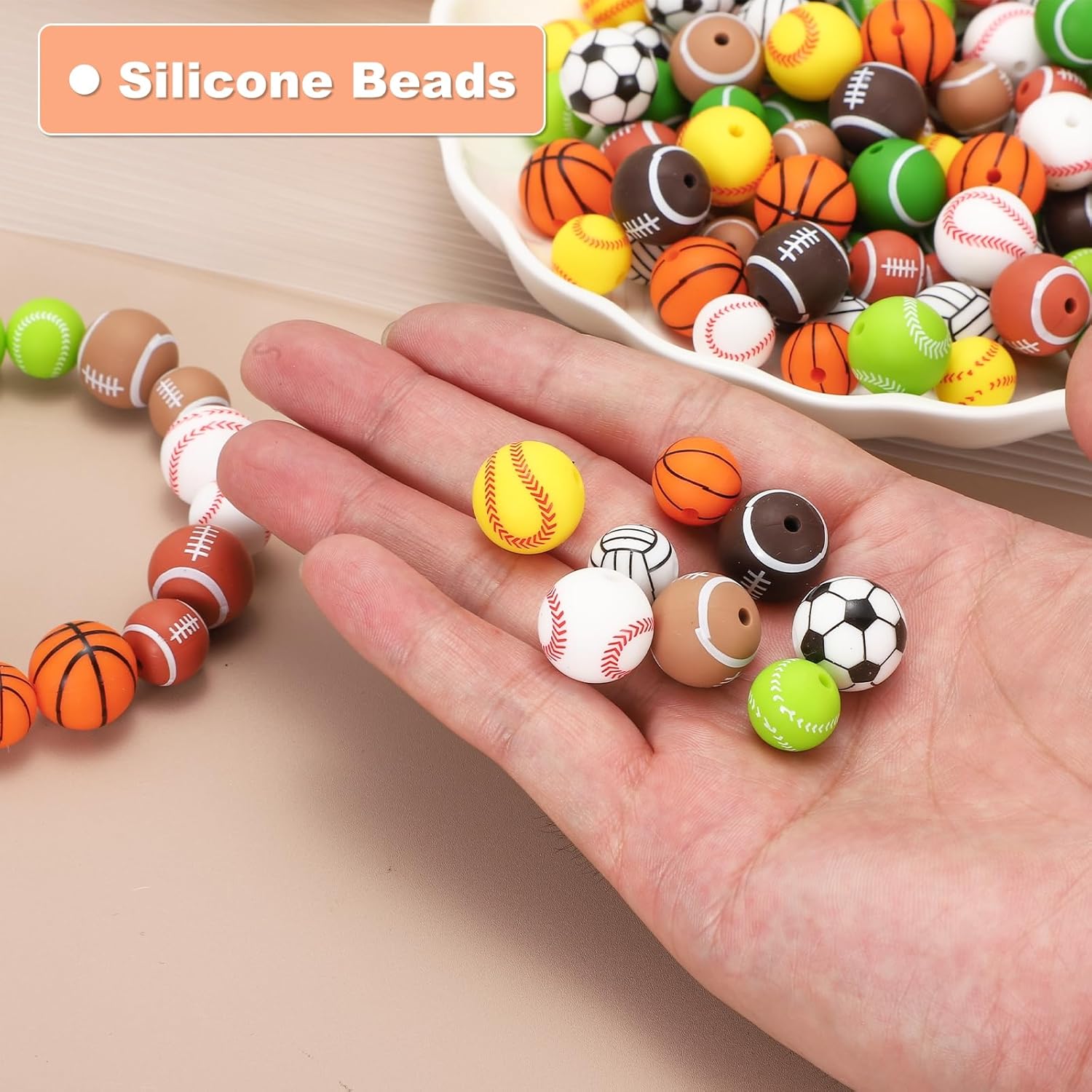 35-Pack Sports Ball Beads 15mm White Round Loose Rubber Volleyball Beads Silicone Craft Smooth Sports Ball Small Hole with 2mm for DIY Crafts/Bracelet/Necklace - Image 4