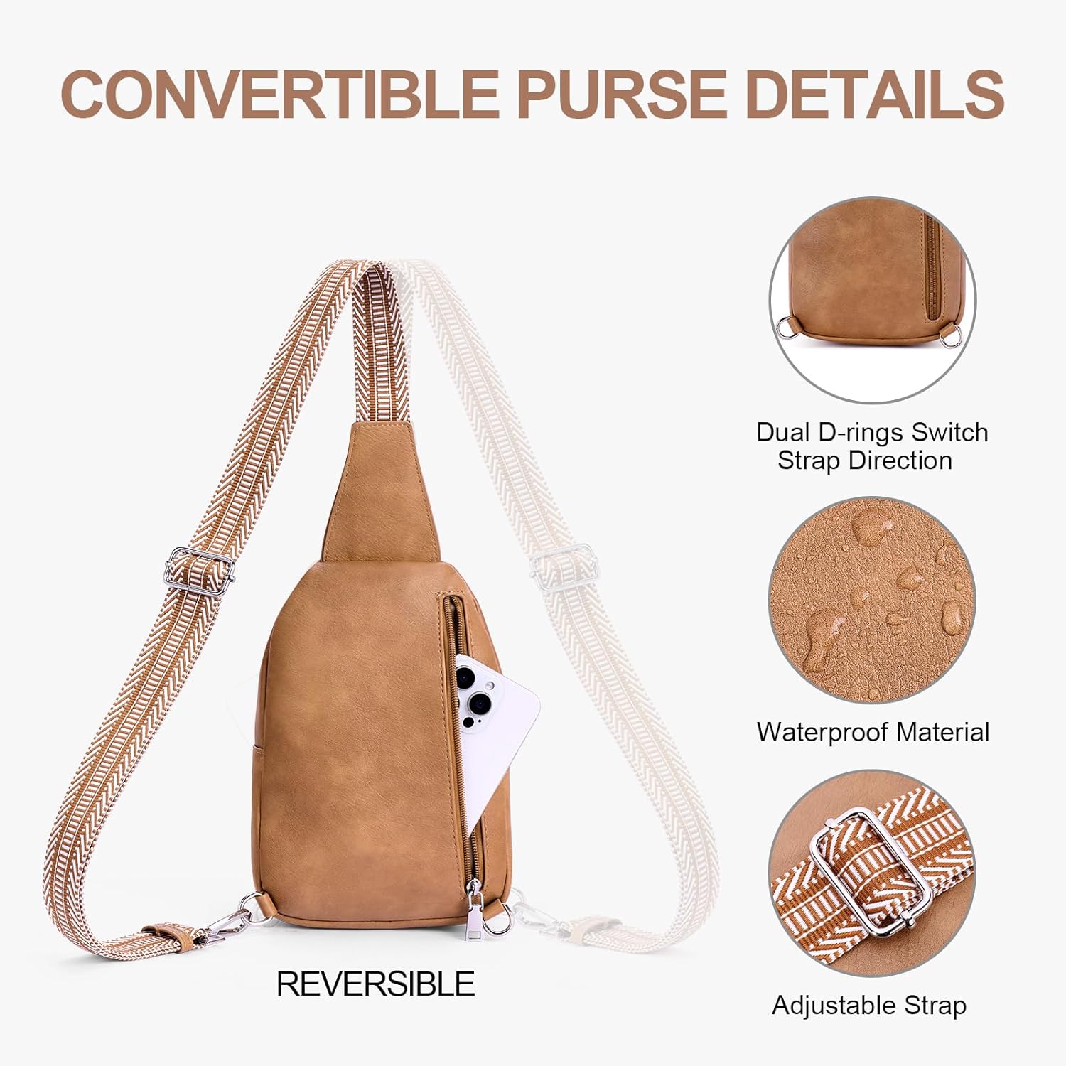 Anti Theft Crossbody Bags for Women Travel Chest Sling Bag Leather RFID Purse Fanny Pack Camel - Image 5
