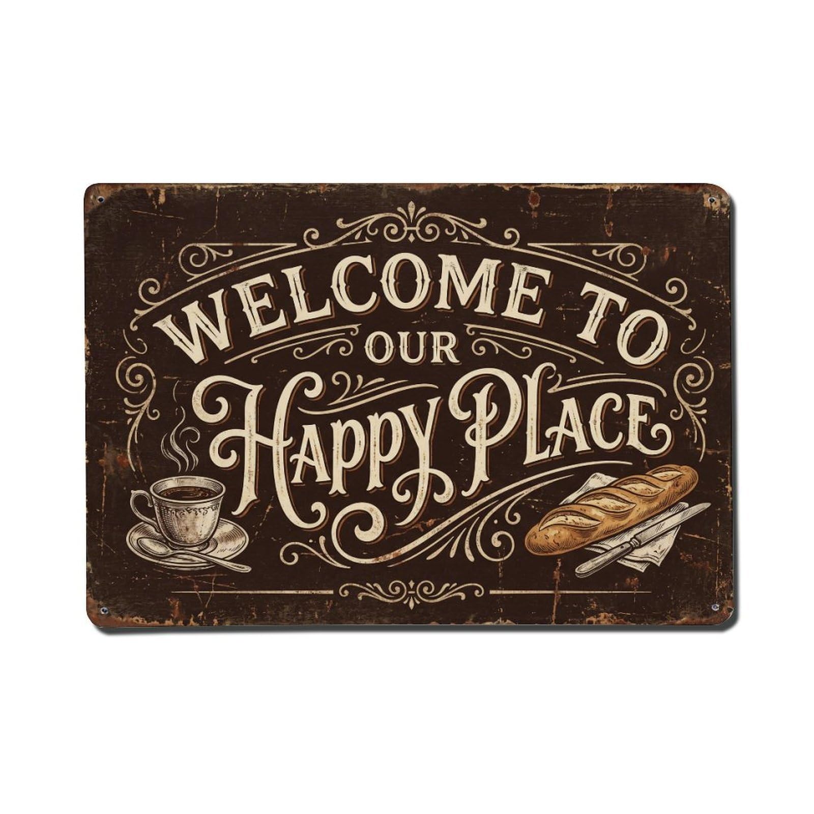 Welcome To Our Happy Place Bistro Terrace Vintage Metal Tin Sign Plaque Wall Decor for Cafe, Club, Garden Metal Poster 8x12Inch