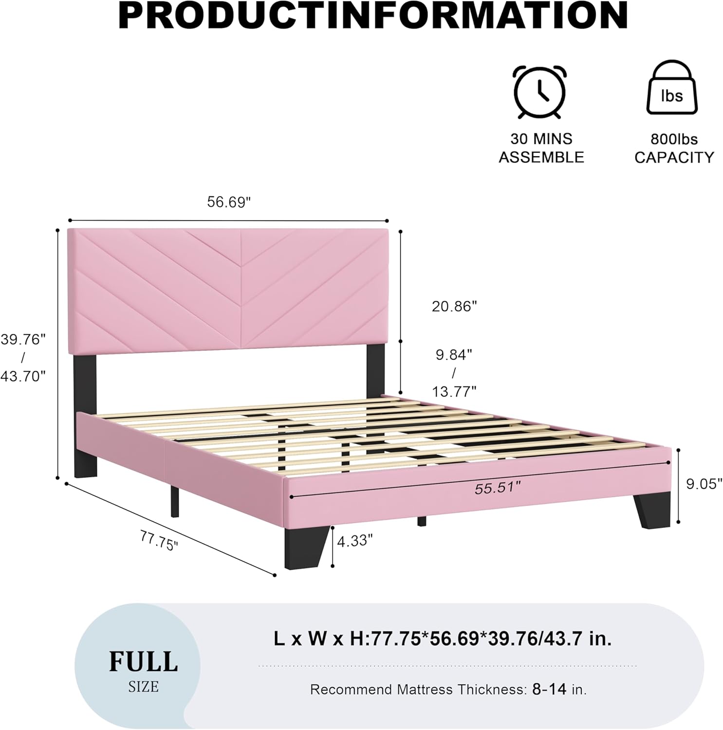 IOILORI Full Size Bed Frame Platform with Upholstered Headboard, Sturdy Wooden Slats, Noiseless, No Springs Required, Easy to Assemble Pink