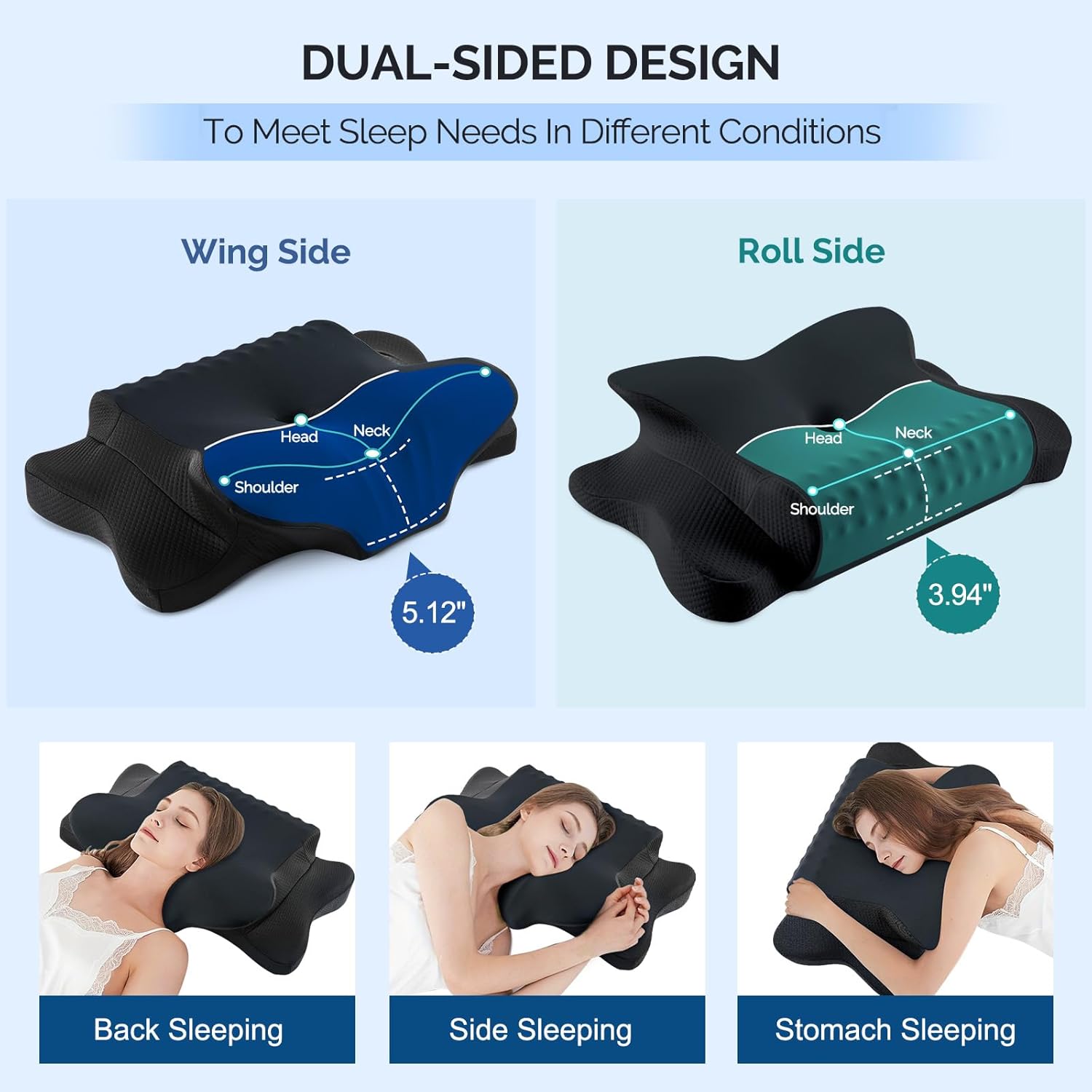 Cervical Pillow for Neck Pain Relief - Cooling Ergonomic Dual-Sided Orthopedic Neck Pillow with Ice Silk Pillowcase, Breathable Memory Foam Contour Pillow for Side, Back, Stomach Sleepers,All Black - Image 2