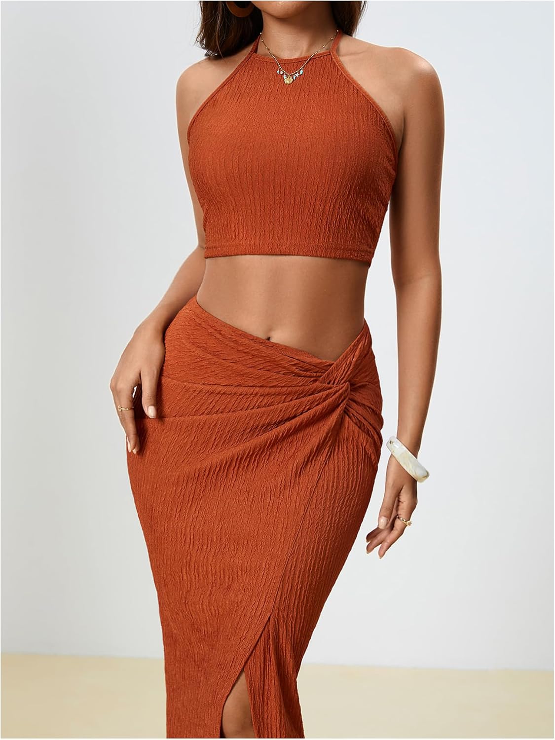 Women's 2 Pieces Outfit Textured Halter Crop Top and Twist Front Split Thigh Maxi Skirt Set - Image 6
