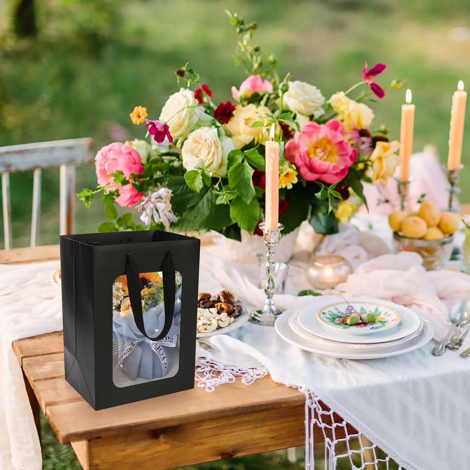 EUSOAR Clear Bags for Gifts, 12pcs 7"x5.12"x9.84" Black Kraft Paper Tote Shopping Gift Bags with Transparent Window, Clear Bouquet Gifts Bag With Handle for Gift Wrapping Festival Party