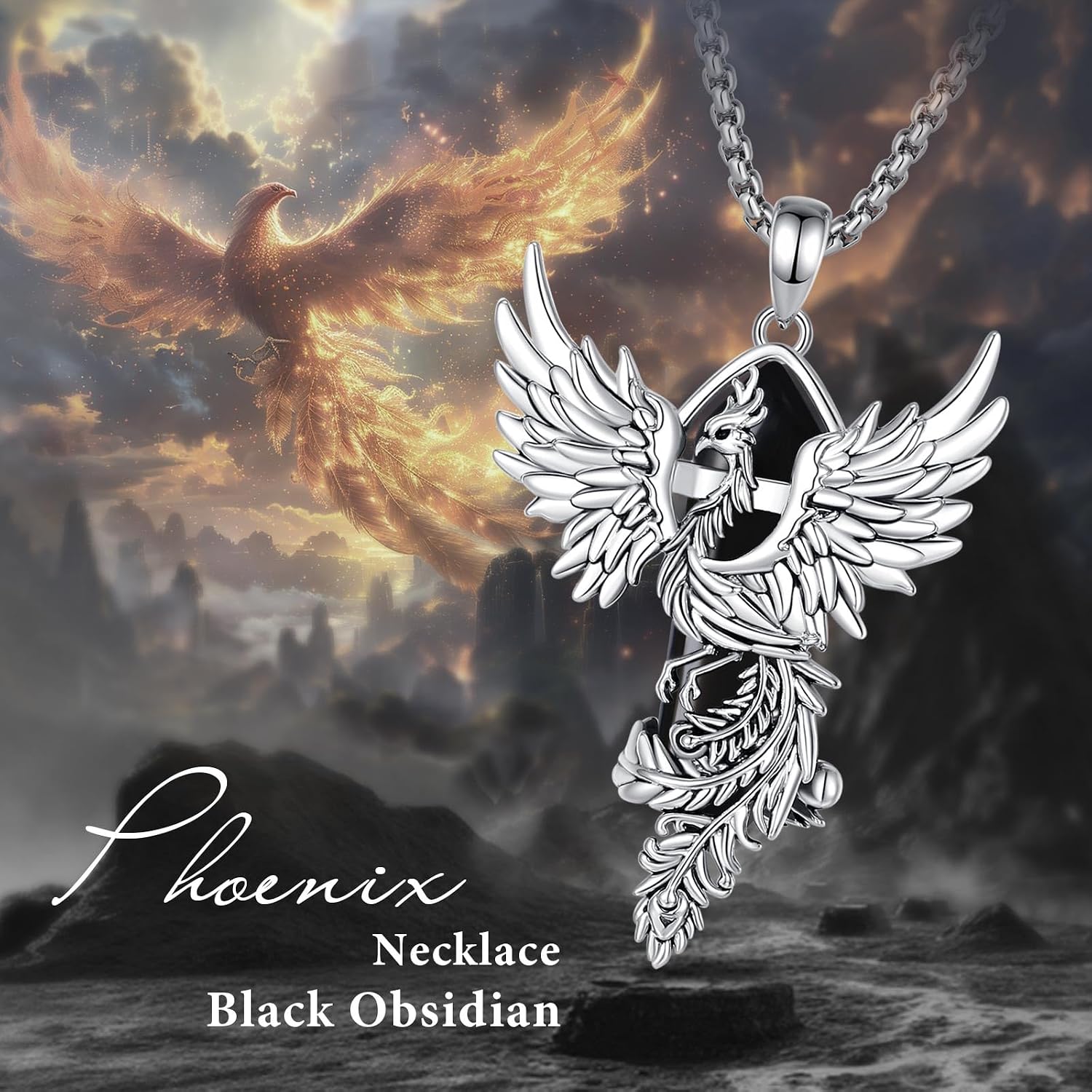 Vito Silver Plated Copper Phoenix Necklace for Women Men, Obsidian Turquoise Amethyst Phoenix Pendant Hexagonal Prism Crystal Protection Energy Amulet Jewelry Gift for Mom Wife, 22“/24”