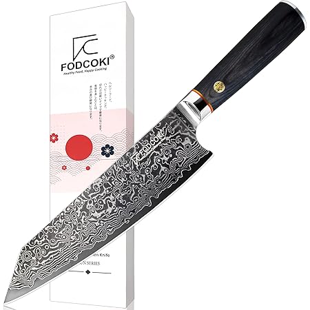 FODCOKI Damascus Chef Knife 8 inch- Japanese Gyuto Damascus Steel Kitchen Knife- Razor Sharp for Cutting Meat Vegetable- VG 10 Blade Core Wooden Handle