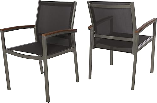 Miniatura 1 de GDFStudio Sillas de comedor para patio, aluminio, asientos de malla para exteriores, brazos de madera sintética, juego de 2, color plateado con