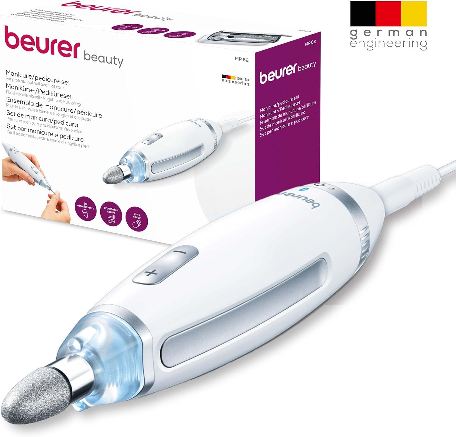Beurer MP 62 Maniküre-/ Pediküre-Set, elektrische Nagelfeile mit 10 hochwertigen Nagelpflege-Aufsätzen, LED Licht, Nagelfräser mit stufenloser Geschwindigkeitsregelung, mit Aufbewahrungstasche, Weiß