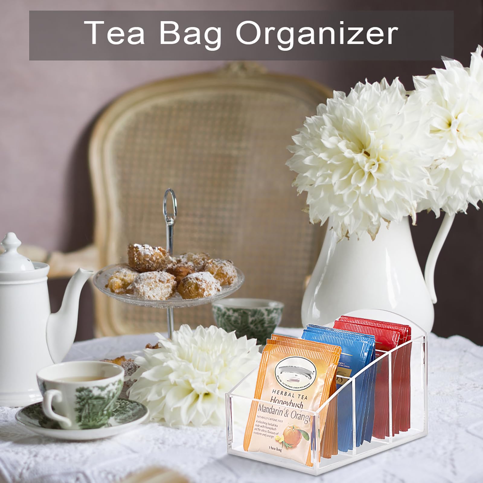 SUMNACON Soporte para paquetes de azúcar, soporte acrílico para bolsas de té, cesta de embalaje de azúcar, organizador para paquete de especias, bolsas de té, cápsulas de café en la encimera, barra de