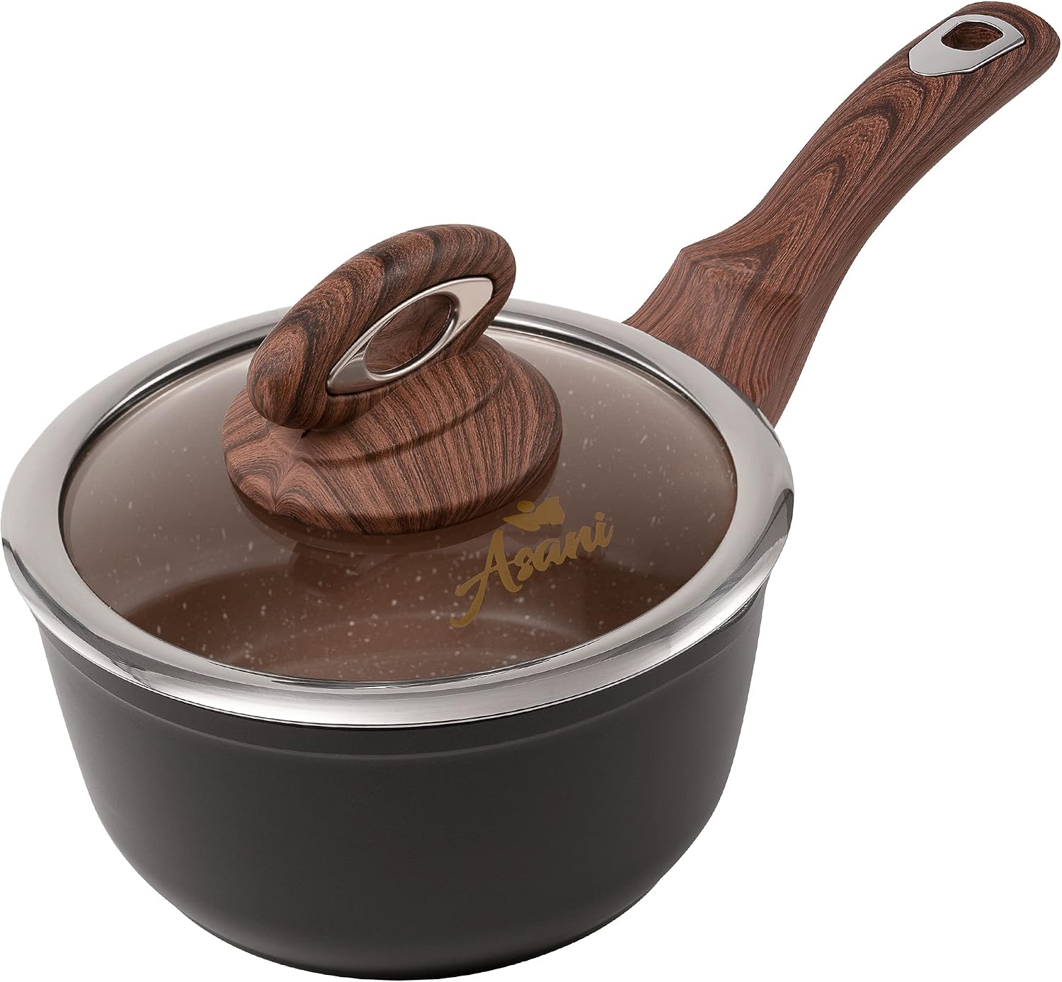 1.5 Quart Nonstick Saucepan with Glass Lid, 2 Pour Spouts & Bakelite Handle - PFOA PFOS Free Sauce Pan Ideal for Gas, Electric and Induction CookTops, Very Easy to Clean