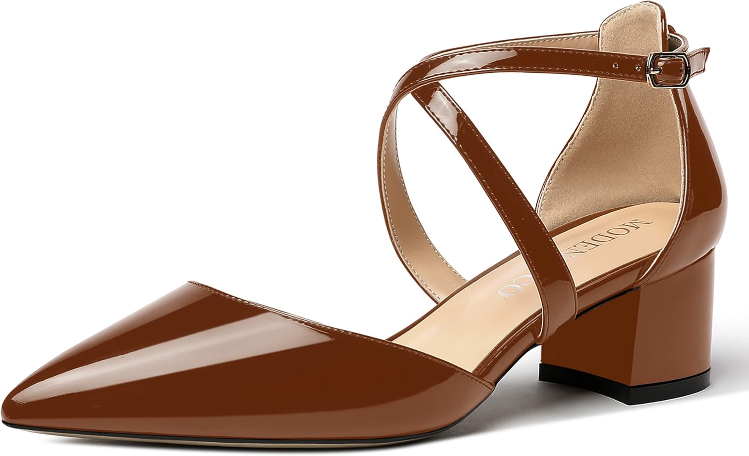 MODENCOCO Women's Patent Buckle Pointed Toe Block Cross Strap Solid Chunky Low Heel Pumps Shoes 2 Inch