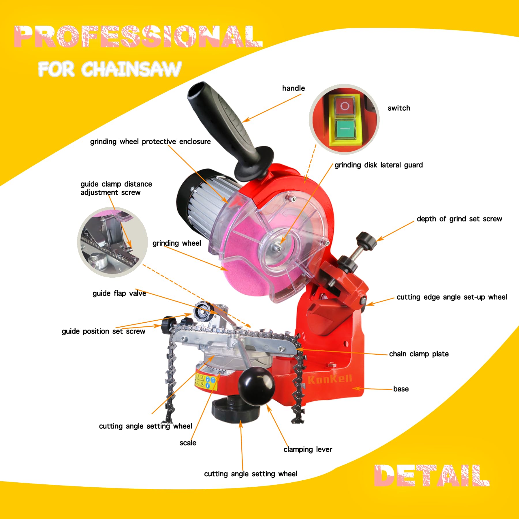 Affilatrice elettrica per motosega da 230 W, motore da 3000 giri/min, giradischi multiangolare, affila catene da 1/4", 0,325", 3/8", 0,40" – Smerigliatrice durevole, precisa ed efficiente