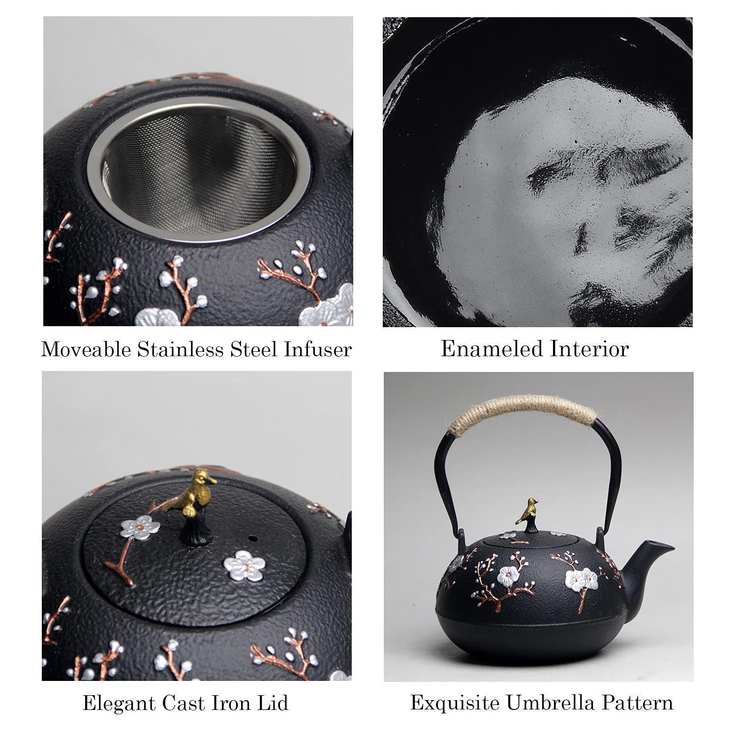 Tetera de hierro fundido SECHUDO para estufa, cubierta segura con interior esmaltado, hermosa tetera japonesa con infusor de acero inoxidable para té suelto (40 onzas/1200 ml)