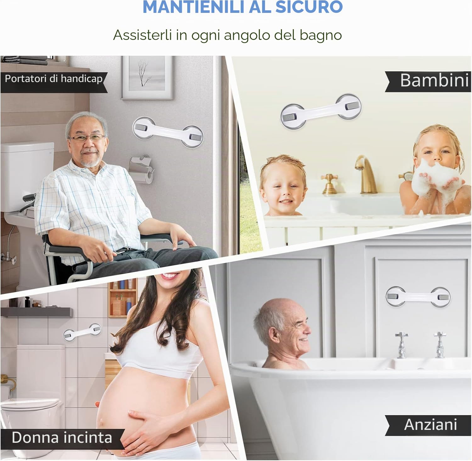 Maniglia per anziani, 2 pezzi, per doccia con ventosa, senza foratura, antiscivolo per doccia e bagno, tenuta forte fino a 110 kg, maniglia di sicurezza per anziani, grigio, 30 cm