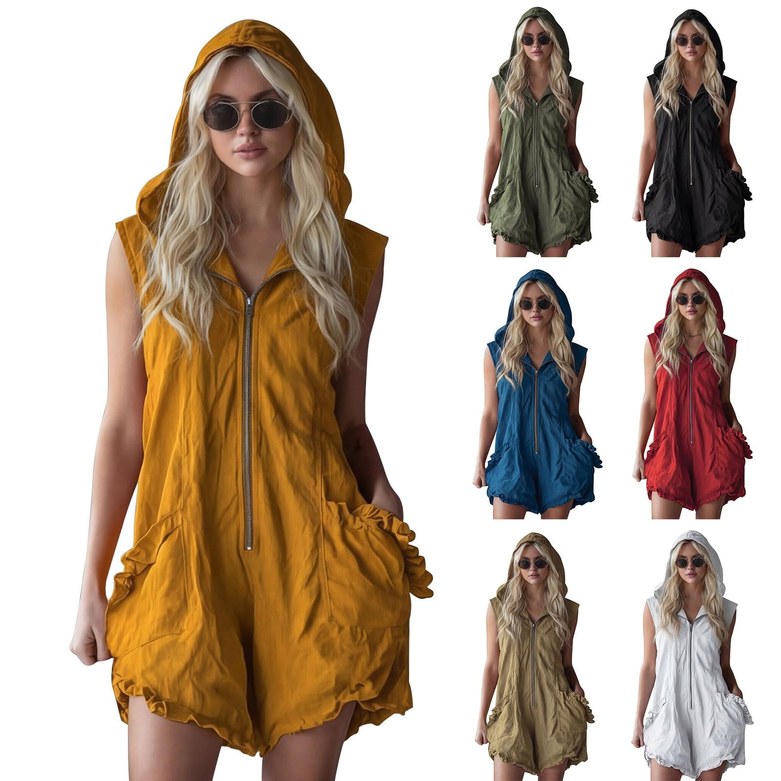 Generisch Combinaison courte d'été pour femme - Combinaison avec capuche et volants - Sans manches - Fermeture éclair - Couleur unie - Avec poche - Pour les loisirs et les vacances