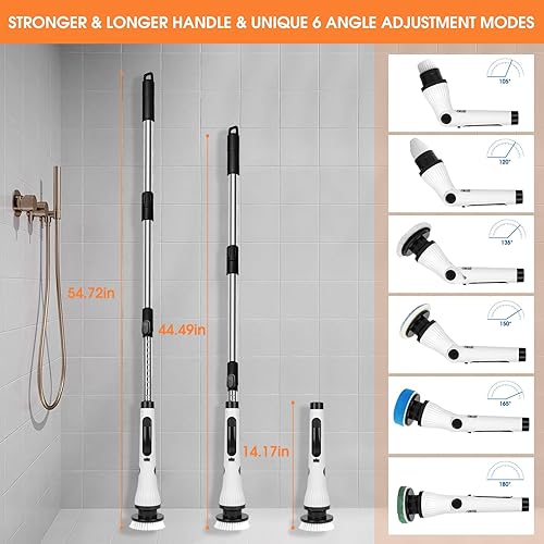 Miniatura 3 de Limpiador eléctrico giratorio, cepillo de limpieza inalámbrico, cepillo limpiador de ducha de mango extensible de 54 pulgadas, 6 ángulos ajustables,