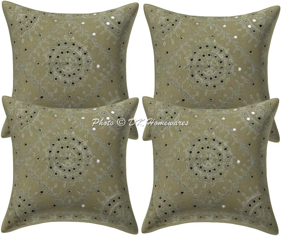 Boho Decorative Accent Throw Pillow Covers 16 x 16 Inch Cotton Embroidered Mirrored Ethnic Square Sofa Cushion Covers (Size - 40x40 cm ; Color: Light Green) - Set of 4 Pcs (Cover Only)