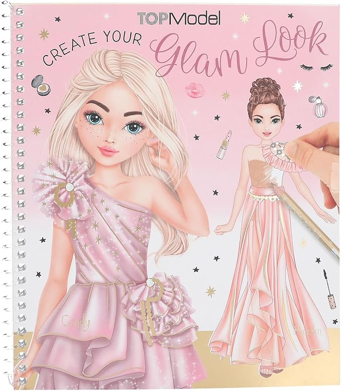 Depesche 13583 TOPModel Create Your Glam Look – Malbuch Set mit 36 Seiten zum Gestalten von Outfits, inkl. 6 Stickerbogen