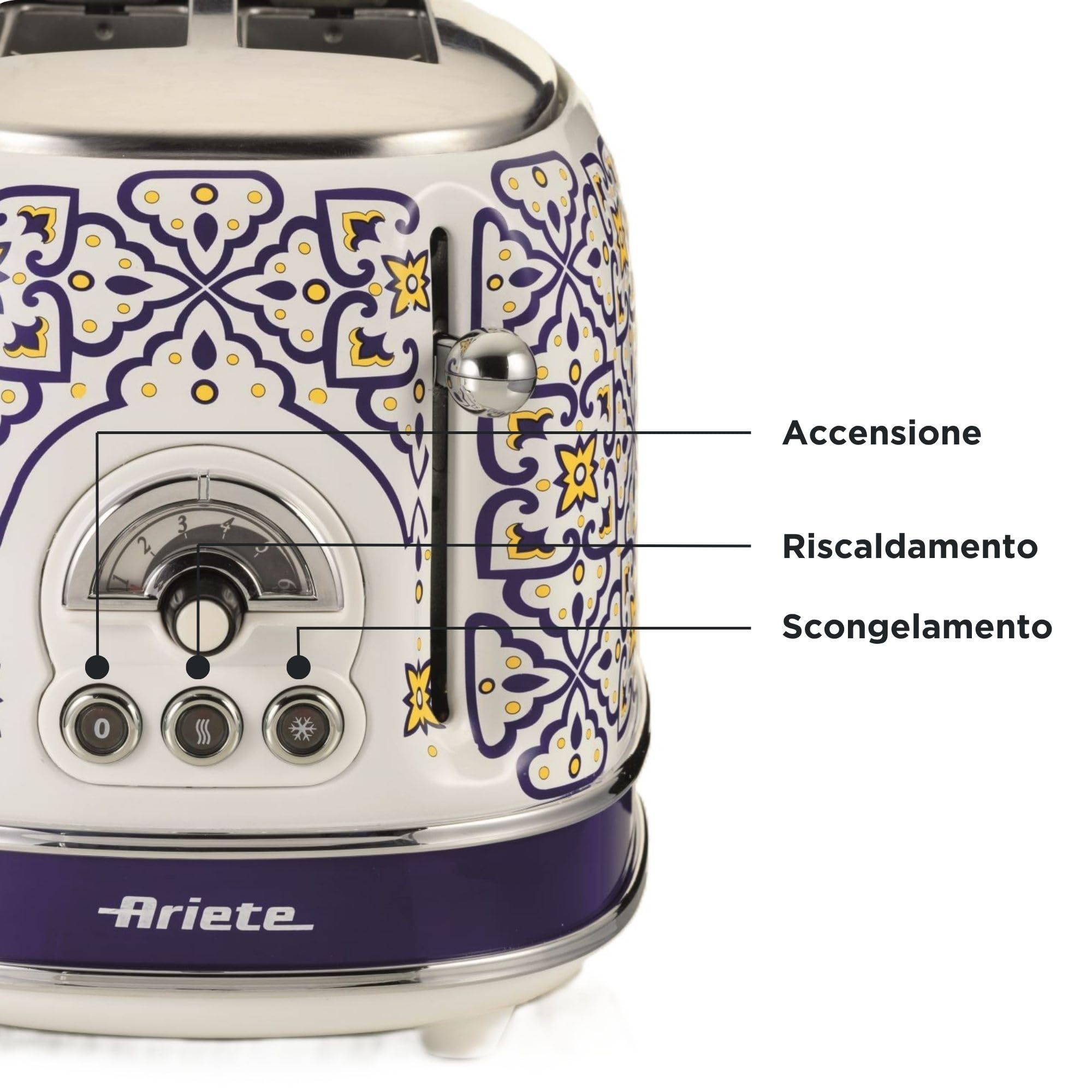 Ariete 155 Tostapane Capri, 810W, 2 fette, 6 livelli di doratura, Vassoio raccogli briciole, Funzione defrost, Espulsione automatica, Con pinze, Bianco e Blu