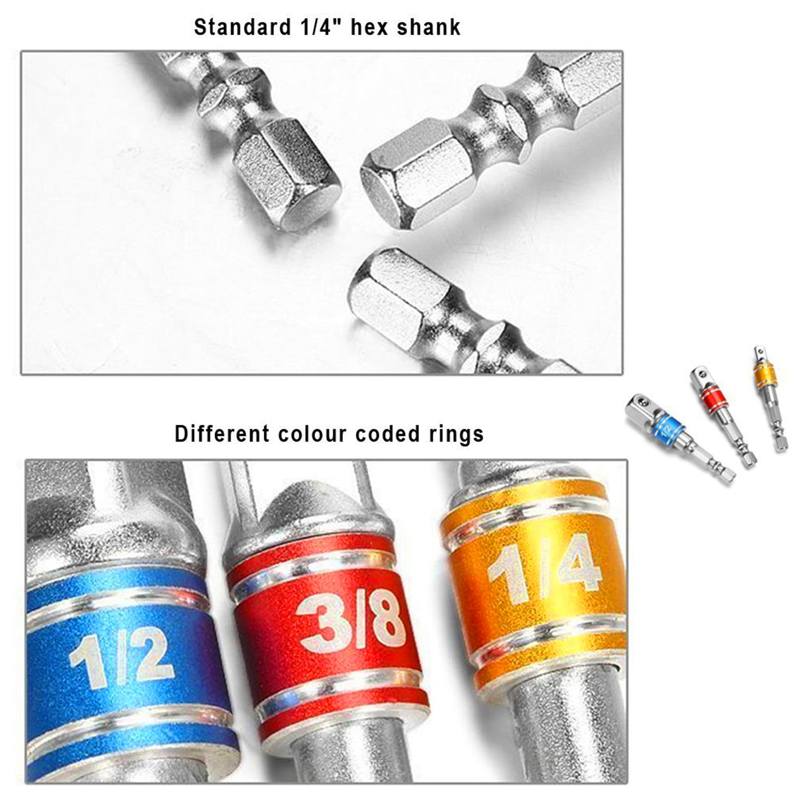 Newte 3-Piece Socket Adapter Set – 1/4-Inch Hex Shank To 1/2, 3/8 & 1/4-Inch Drive, Chrome Vanadium Steel