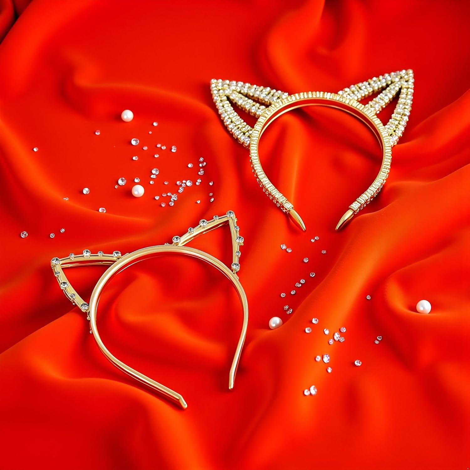 1Pcs Gold Rhinestone Cat Ears Headband Crystal Cat Ears Hair Band for Women Halloween Cosplay Costume Accessory Women's Costume Headwear Accessories - Image 3