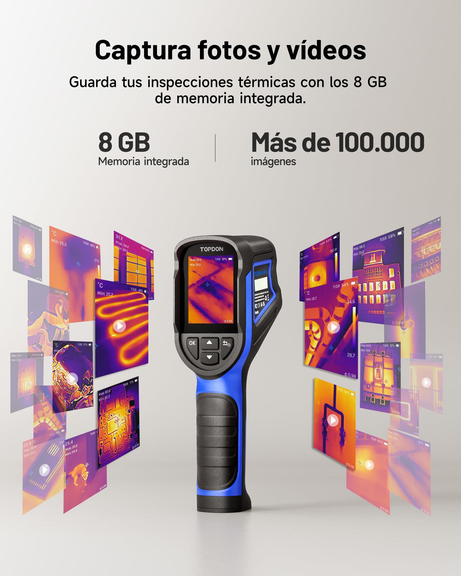TOPDON Camara termica TC004 Mini New, resolución IR 320×240, camara termografica con 14h de autonomía, análisis en PC, Wi-Fi, -20°C a 550°C, memoria de 8 GB, grabación de vídeo y alarma de temperatura