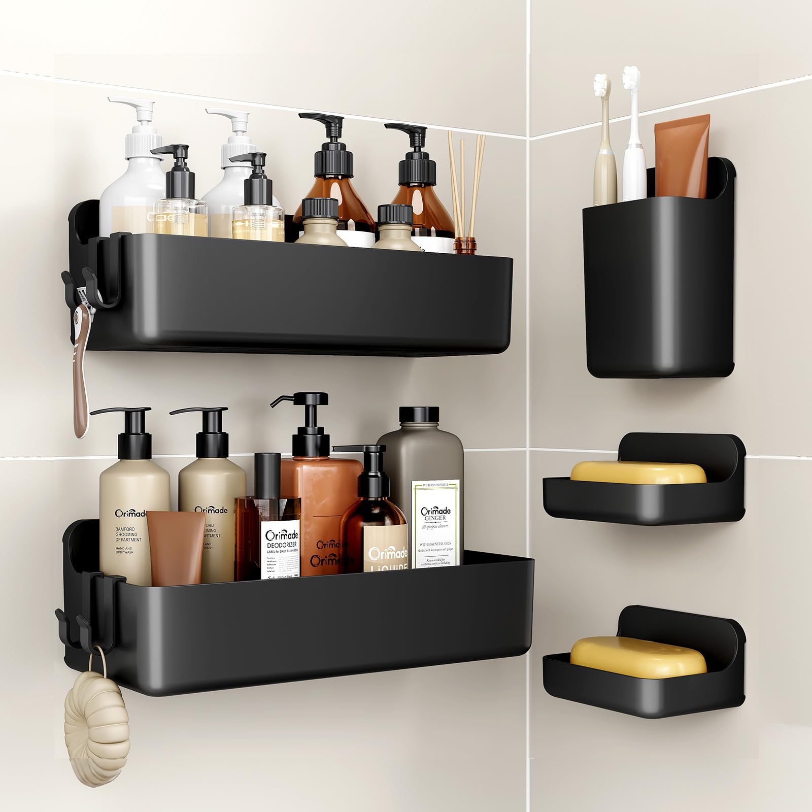 Orimade Douche Caddy Met Zeepbakje Houder En 5 Haken Voor De Badkamer Keuken Plank Organizer Zeep Mandje Zelfklevende Montage Zonder Boren Roestvrij Staal 3 Pack Zwart 598531289