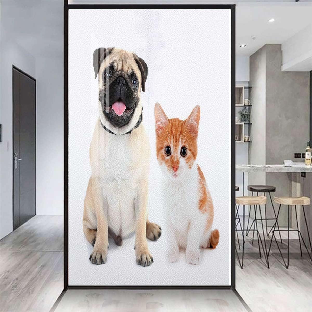 Cream Orange White Window Privacy Film Glass Sticker Decal Adorable Kitten and Puppy Photography Animal Reusable UV Protection Window Glass Films Pug 23.6Wx59L-inch