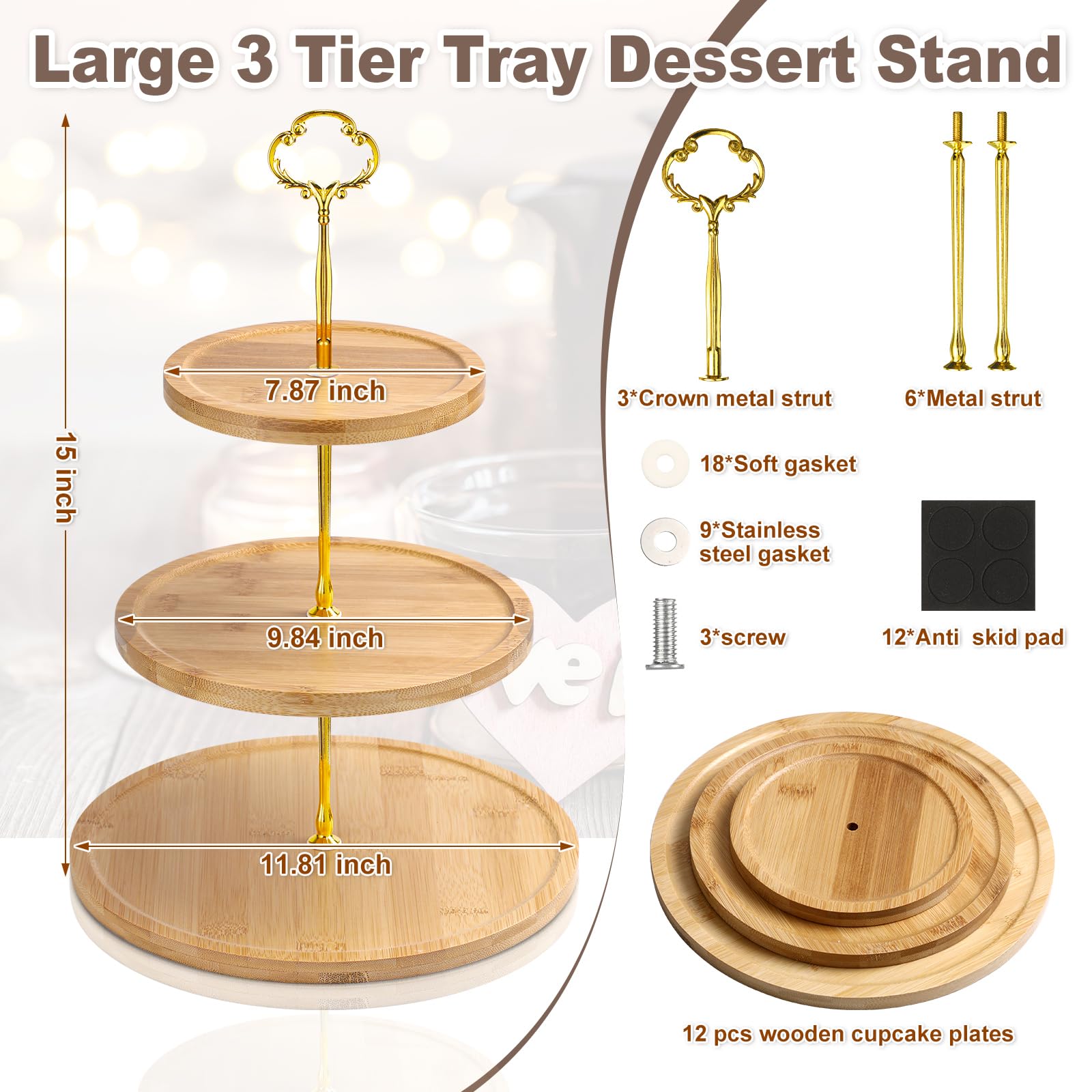 3 Tier Wood Cupcake Stand, 3 Pack Wooden Serving Tray, Rustic Dessert Table Display Stands Tiered Tray Cupcake Holder Farmhouse Display Stands for Wedding, Large7.8'',9.8'',11.8''