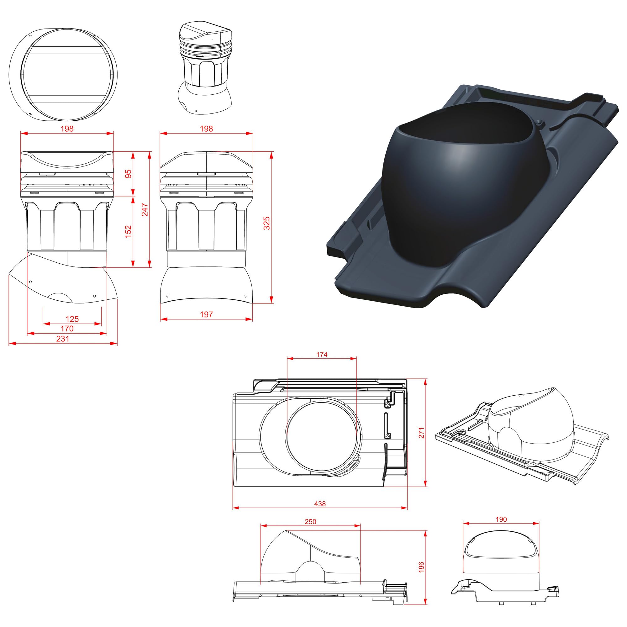 Parotec Entlüftungskamin DN 125 mm – niedrige 325 mm – passiv Dachlüfter für BRAAS RUBIN 13V Dachziegel – Dachentlüftung | Lüftungsziegel – RAL 9005 Schwarz