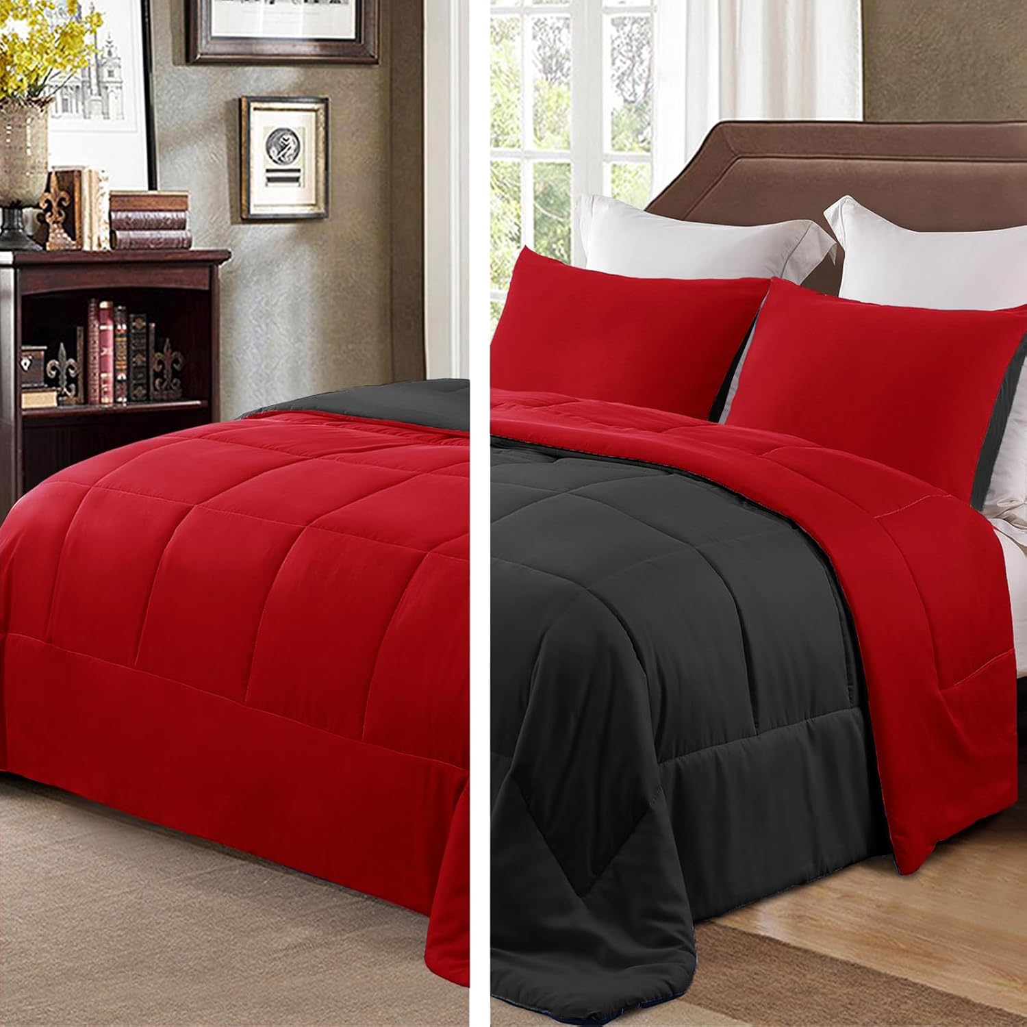 Exclusivo Mezcla Lightweight Reversible Queen Size Comforter Set, Down Alternative Comforter with 2 Pillow Sham, Queen Size Bedding Set for All Seasons, Red/Black