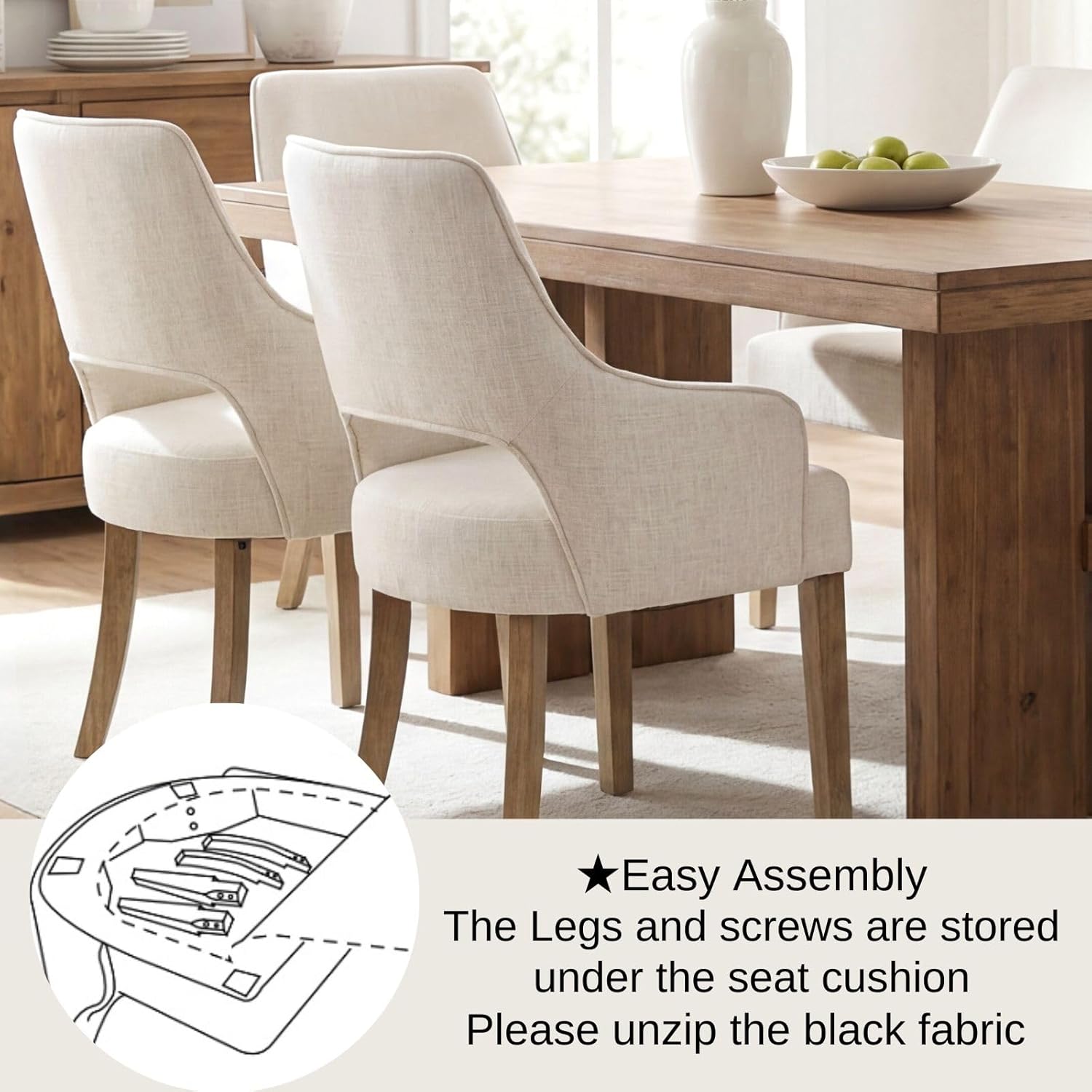 Farmhouse Upholstered Dining Chairs Set of 6, Linen Fabric Dining Room Chairs with Arms, Solid Wood Kitchen Side Chairs for Dining Living Room Bedroom, Upgraded Size, Cream