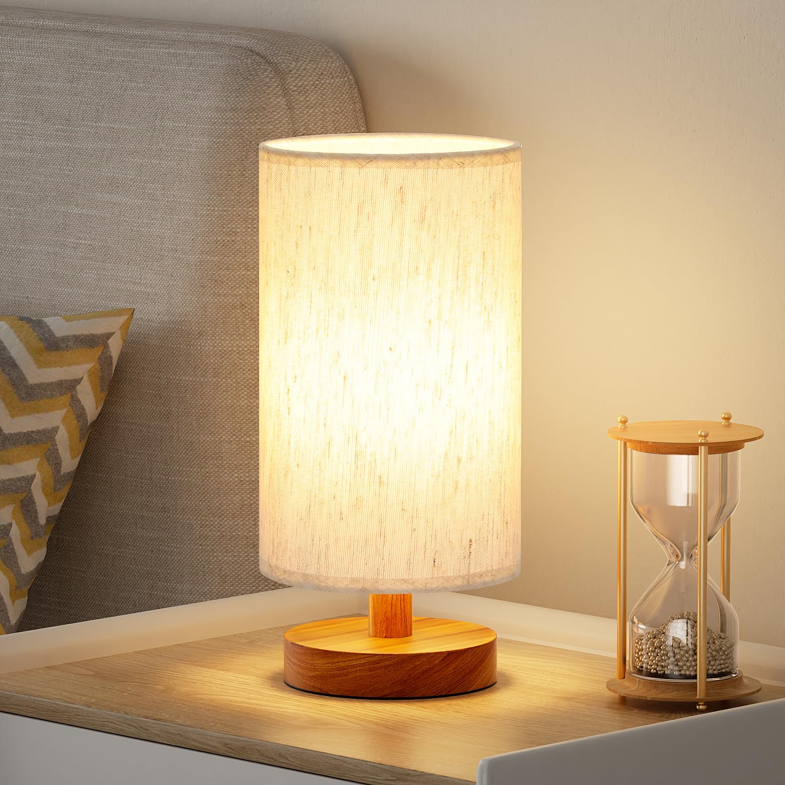 Fenmzee Small Table Lamps (Cream Shade - Walnut Base, 9" Inline Control)