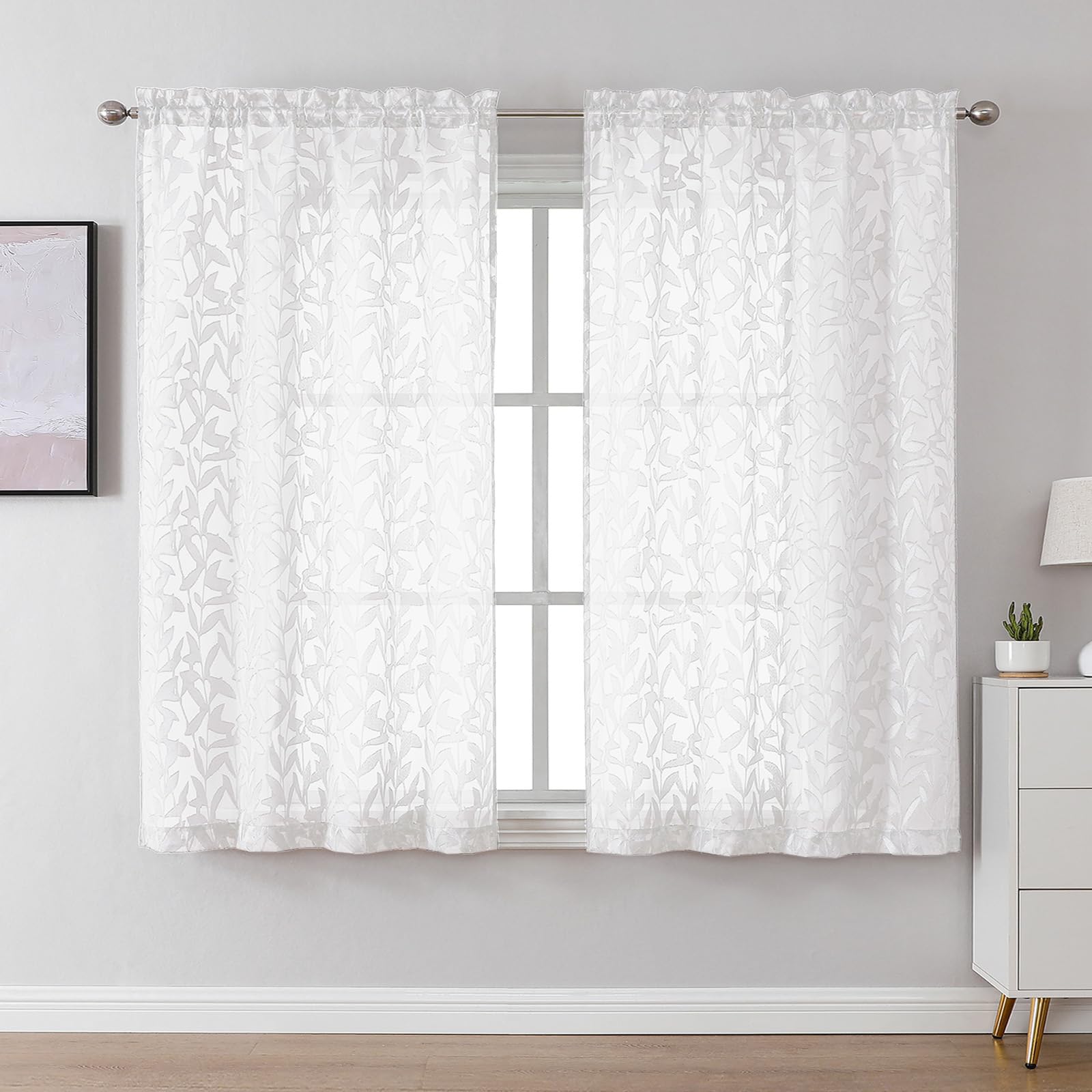 Lecloud Leia White Sheer Curtains 54 Inch Length 2 Panels, Voile Light Filtering Privacy Jacquard Textured Curtains, Dual Rod Pockets Drapes with Leaves for Living Room Bedroom, Each 42" W x 54" L — image 1