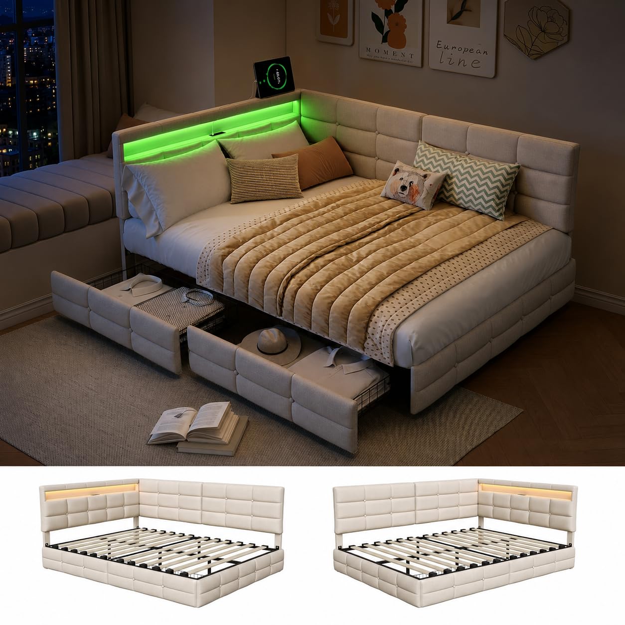 Letto angolare Divano Letto 140 x 200 con 2 cassetti, LED, presa USB, letto panca con testa reversibile e rete a doghe per soggiorno/studio/camera da letto, tessuto lino, senza materasso