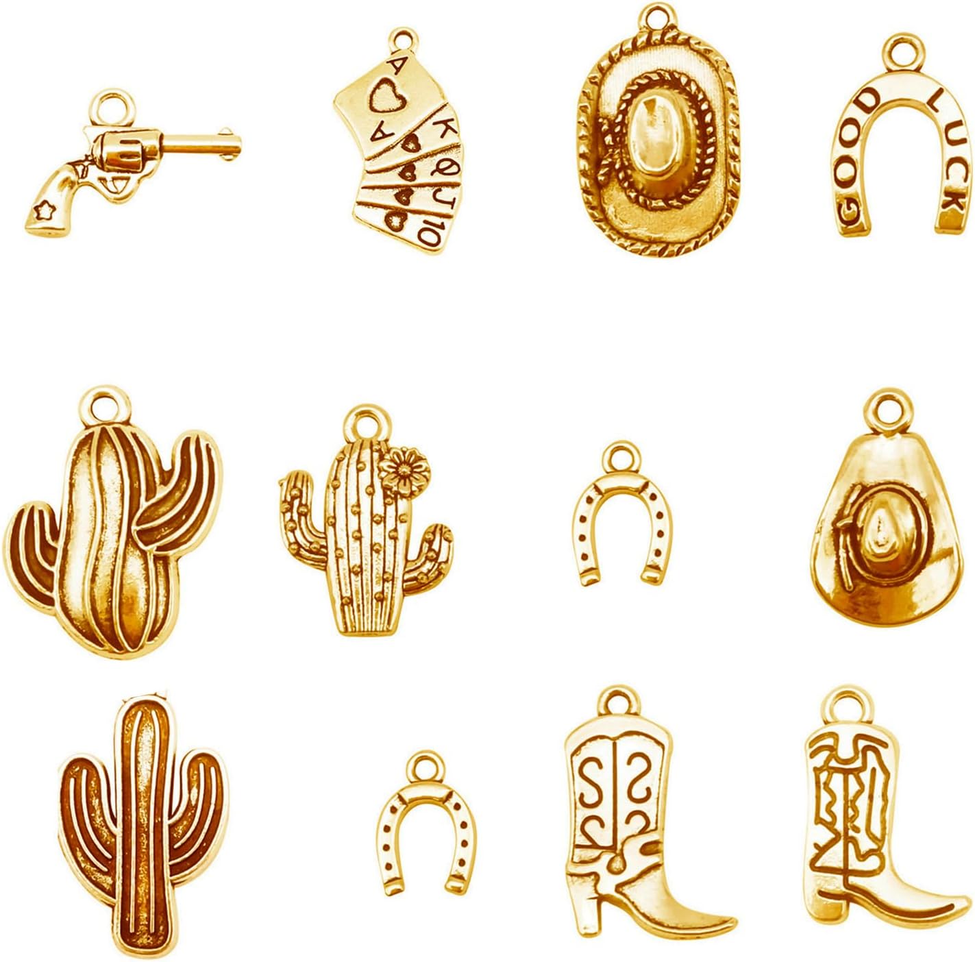 12pcs Western Cowboy Cowgirl Charms for Jewelry Making Alloy Gold Color Boot Gun Cowboy Boot Hat Horse Cactus Charms Pendants for Bracelet Earrings Necklace Keychain Jewelry Making DIY Crafts