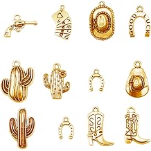 12pcs Western Cowboy Cowgirl Charms for Jewelry Making Alloy Gold Color Boot Gun Cowboy Boot Hat Horse Cactus Charms Pendants for Bracelet Earrings Necklace Keychain Jewelry Making DIY Crafts