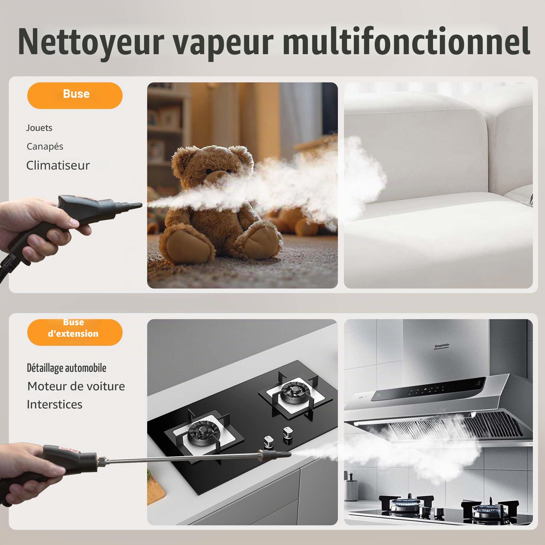 Nettoyeur à vapeur manuel 6 niveaux réglables, chauffe 10–15s, réservoir 1,2 L, 15 accessoires, nettoyeur haute pression sans chimie cuisine salle de bains sols voitures vitres