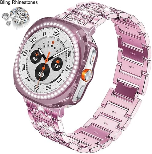 Vista 227 de Correas compatibles con Samsung Galaxy Watch FE / 5/4 de 1.575 pulgadas, correa de metal con diamantes de imitación brillantes de 0.787 pulgadas