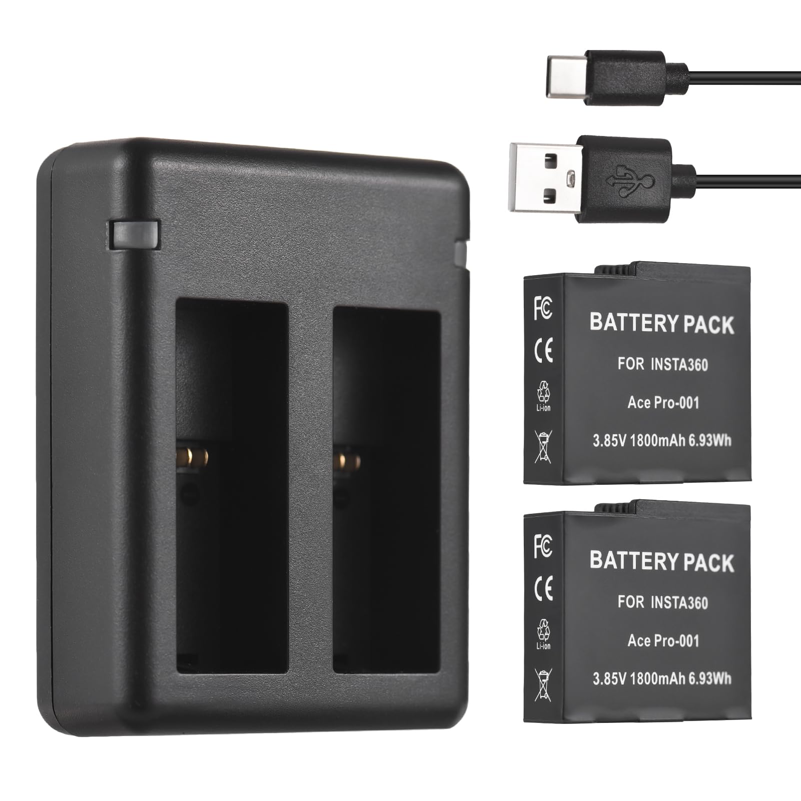 Andoer Batteria Caricabatterie Kit Doppio Caricabatterie Rapido Kit Batteria e Caricabatterie per Fotocamera Sportiva per Scheda Compatibile con Fotocamere Insta360 Ace/Ace PRO