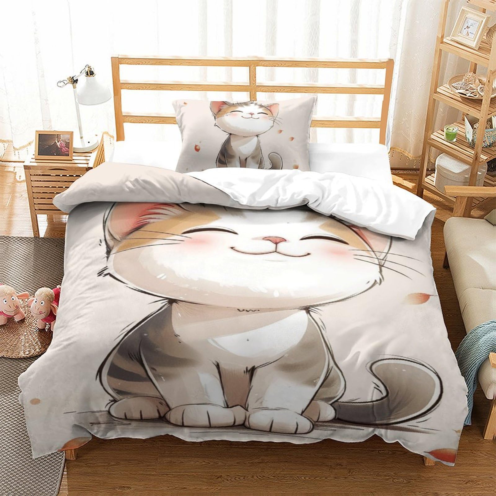 Housse de couette chat 3D lit enfants parure de lit microfibre 135x200cm zipper