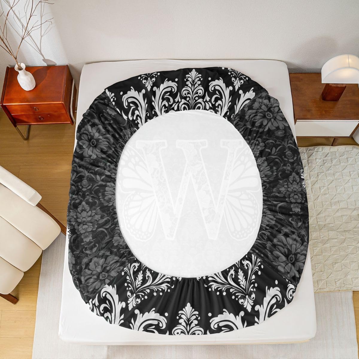 Erosebridal Coquette Aesthetic Butterfly Letter W Sheet Set Victorian Black Damask Bow Full Size Bed Sheets for Toddler Boys,Glam Preppy Y2K Initial Monogram Feminine Princess Floral Bedding Set