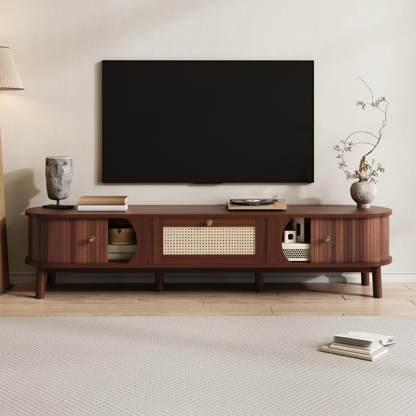 PUGSDRLY Meuble TV avec tiroirs 170 L x 39,5 B x38 H, TV Table pour Salon avec 2 Portes (Natural)