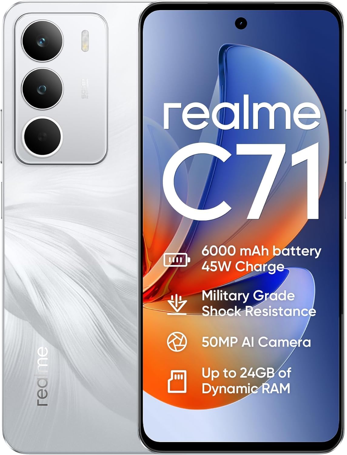 realme C71 Smartphone 8+256GB, Batteria 6000mAH, Ricarica Veloce 45W, Fotocamera 50MP AI, Chipset Octa-Core, Display 6.67'' 120Hz Eye Comfort, IP54 (Senza Caricatore) - Bianco