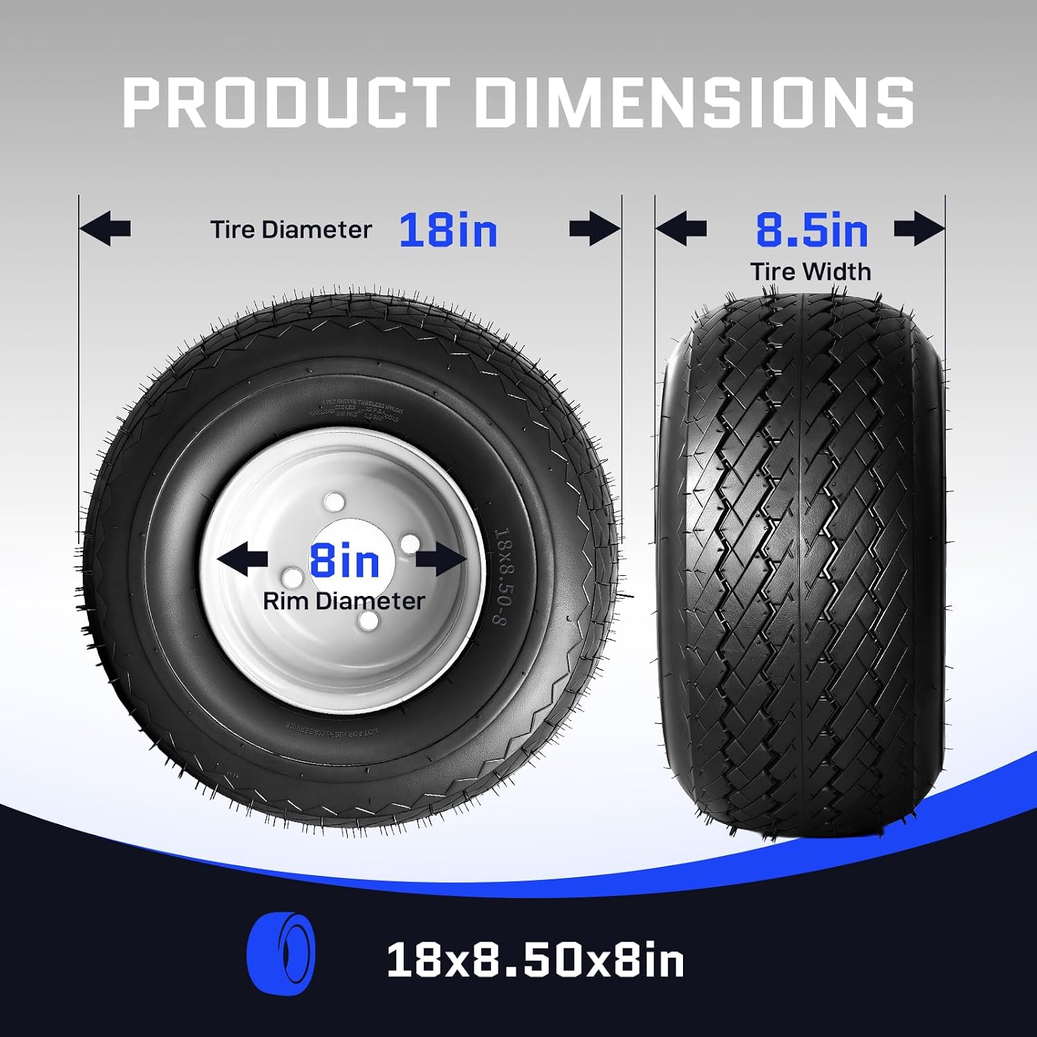 TRIBLE SIX 2 Pack 18x8.50-8 Lawn Mower Tires with Rim,18x8.5x8 Golf Cart Tires On Rims with 4 Lug 8" Wheel.,4 Ply Tubeless Lawn Garden Turf Tire and Wheel Assembly