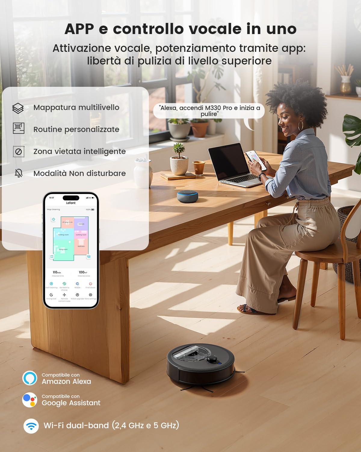 Lefant M330Pro Robot Aspirapolvere Lavapavimenti con Mappatura, Aspirazione 5000Pa,Navigazione dToF,Zone virtuali,Aggiramento Ostacoli PSD,150 min,Robot Lavapavimenti Connesso Tramite Alexa/APP/WiFi