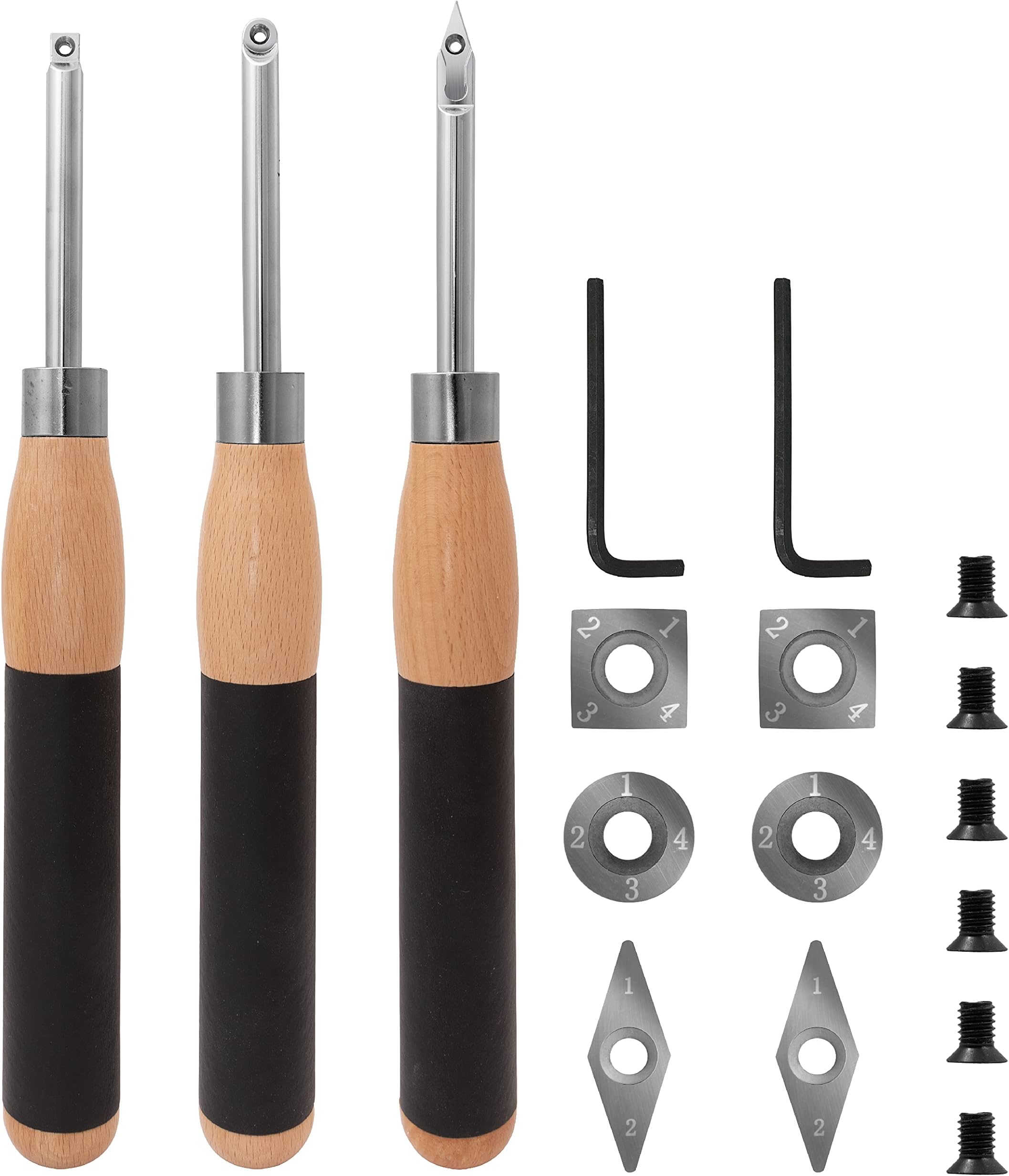 Savannah3 Piece Carbide Mini Turning Tool Set with Flush Fit Comfort Grip Hardwood Handles | Heavy Duty Steel Riveted Ferrules and 2 ea Round 2 ea Square and 2 ea Diamond Shaped Carbide Cutters